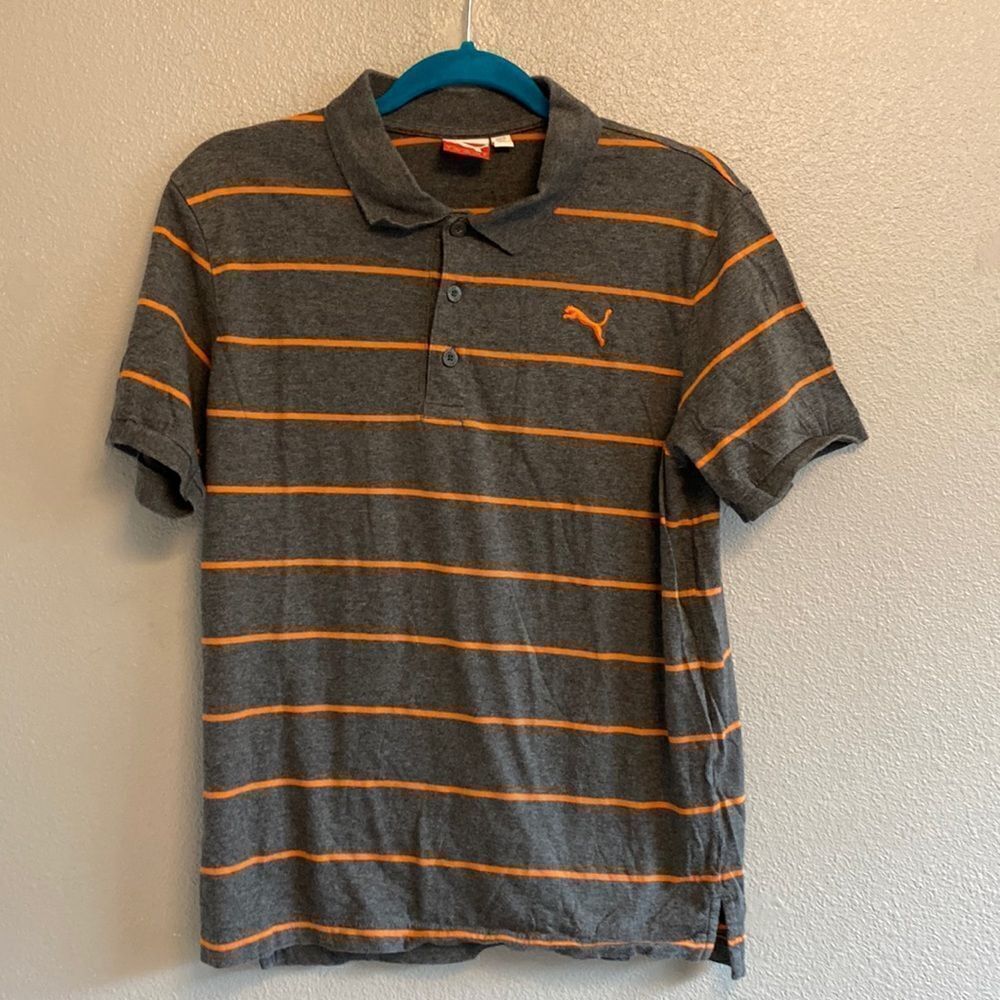 puma- mens grey and orange striped polo- Size Small